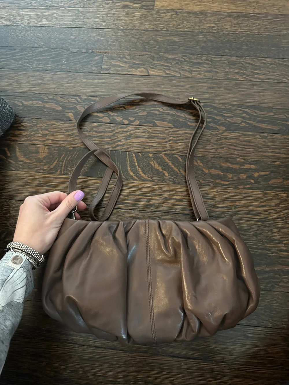 Brown Womens Leather Gathered Clutch or shoulder bag